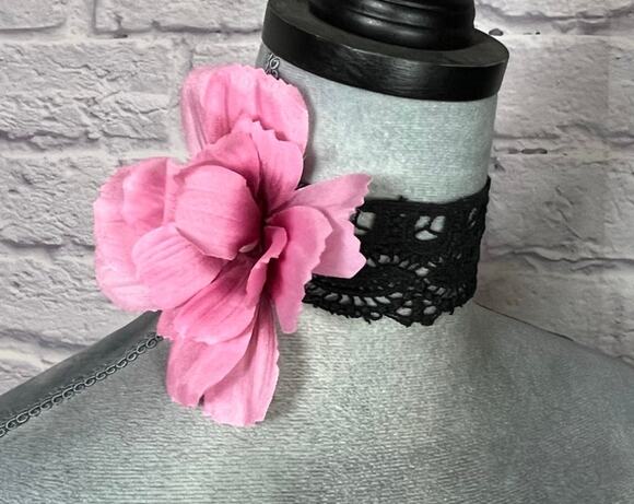 other Jewelry - Handmade Avant Garde Coquette Black Vintage Lace Choker with Pink Flower